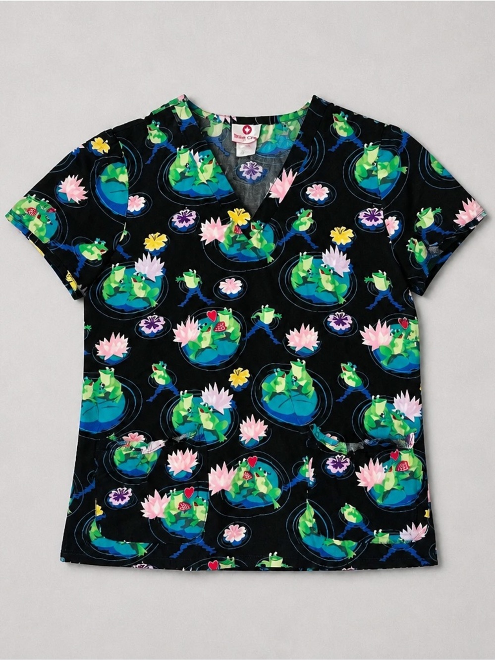 White Cross Black Tee with Green Frog & Pink Water Lily Print 100% Cotton Scruch